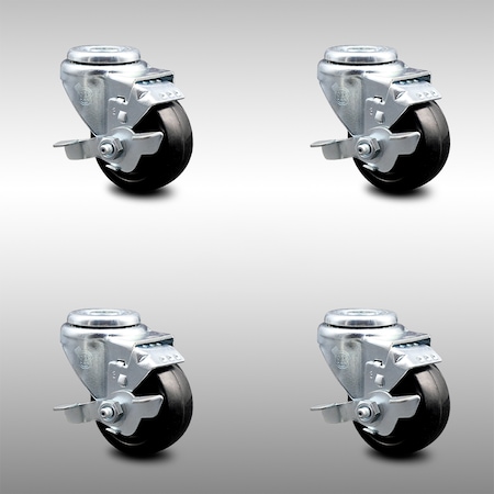 Service Caster 3.5 Inch SS Hard Rubber Wheel Swivel Bolt Hole Caster Set with Brake SCC SCC-SSBH20S3514-HRS-TLB-4